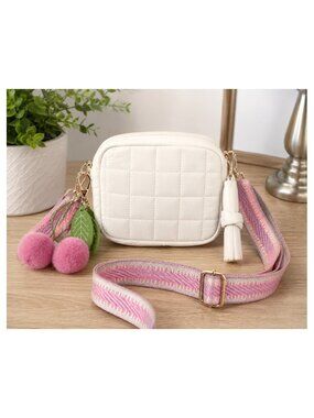 White Quilted Crossbody Bag with Pink Strap & Cherry Charm NWOT